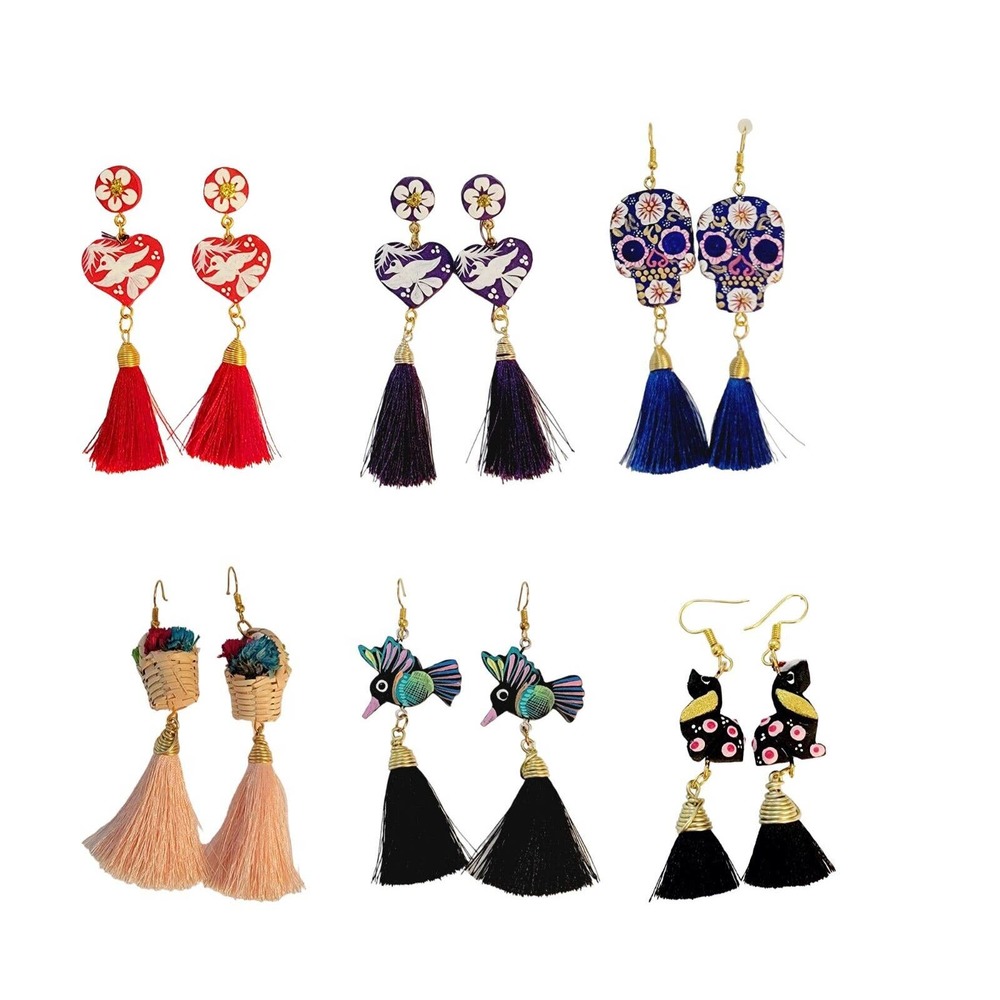 Purple Statement Earrings Tassels Handmade Hand Painted Birds Mexican Folk Art - Picture 2 of 2